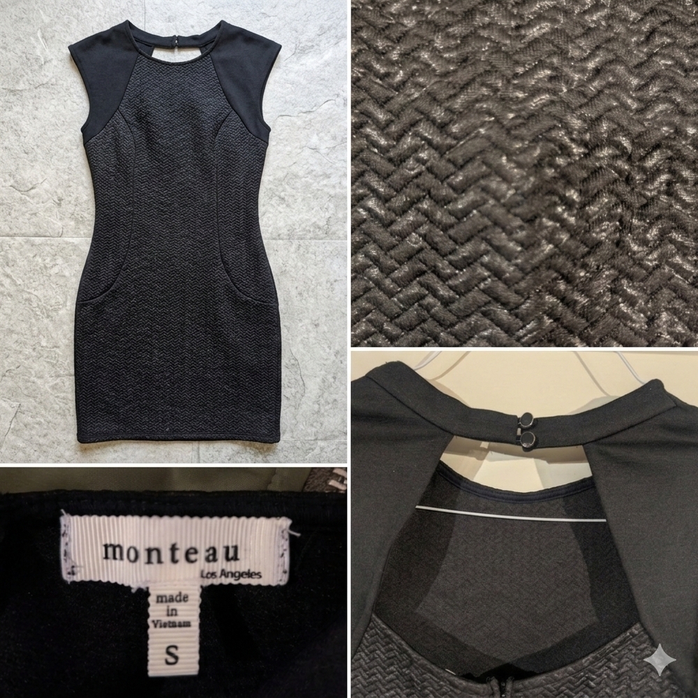 Monteau Los Angeles Black Textured Cap-Sleeve Sheath Dress Size Small